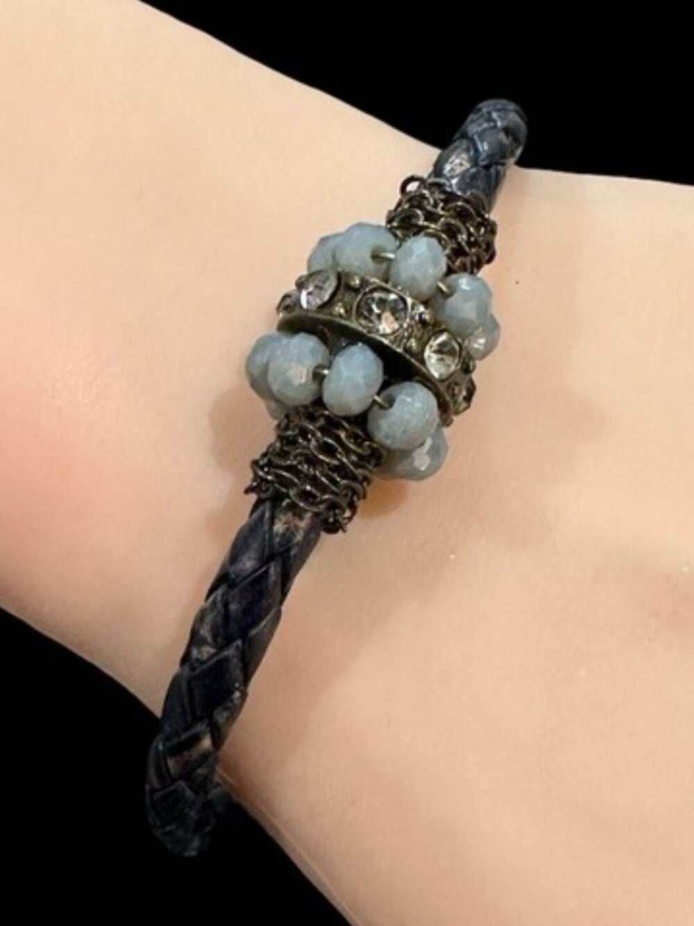 Bangle Bracelet Black Brown Leather Rhinestone Inlay Gray Beaded Magnetic Closur